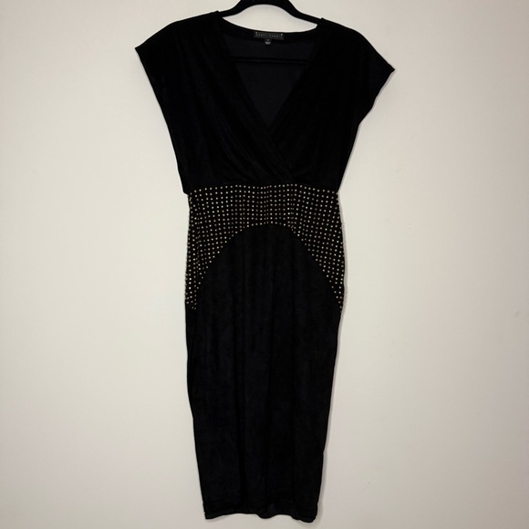 SHERI BODELL Embellished Studded Vneck Edgy Glam Suede Cocktail LBD Sheath Dress - Picture 1 of 8